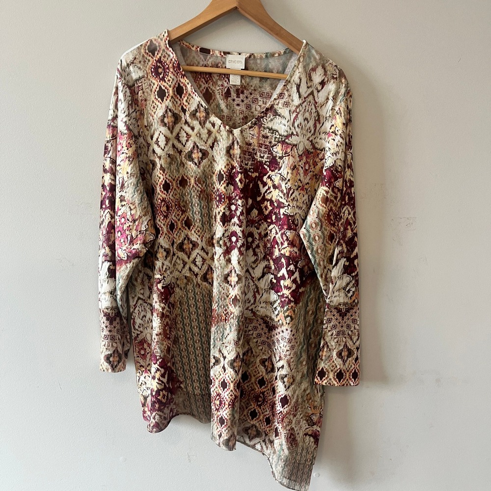 Chico's Ikat Print Asymmetrical Tunic Top Boho Multicolor Size 16 XL Long Sleeve